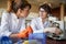 Two female laborant practitioners analyzing samples