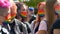 Two female person wear colorful rainbow face mask on LGBT pride