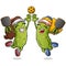 Two Female Pickle Cartoon Characters Giving a High Five on the Pickleball Court