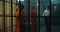 Two female prisoners stand facing the metal bars in front of prison cells