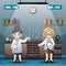 Two female scientist in white lab coats in a laboratory room