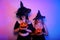 Two female witches in hats are holding pumpkins in their hands. Woman celebrating Halloween, photo in neon light