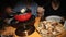 Two females eating cheese fondue by the table in cafe