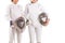 Two fencers, in a fencing uniform, hold a special fencing mask in their hands. Isolated on white background.