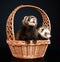 Two Ferrets in wattled basket