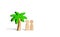 Two figures of people under a palm tree on a white background. A trip for a trip for two. Romantic cruise, trip for a couple