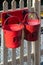 Two fire buckets at East Grinstead Bluebell railway station West Sussex on August 30