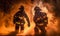 Two firefighters are standing side-by-side in a blazing building.AI-generated.