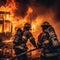 Two firemen are standing in front of a burning house. Generative AI image.