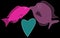 Two fish, purple and pink, stitched with white threads kiss next to the heart of blue on a black background.