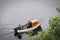 Two fisherman in a boat in the Loch Ness, in Scotland, United Kingdom