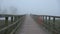 Two fishermens silhouette and crow in misty morning on old wooden lake bridge