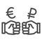 Two fists and currency line icon, economic sanctions concept, Struggle between euro and ruble sign on white background