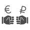 Two fists and currency solid icon, economic sanctions concept, Struggle between euro and ruble sign on white background