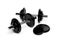 Two fitness gym dumbbells with chrome handle and black plates in front over white background, muscle exercise, bodybuilding or