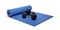 Two fitness gym hexbell weights on blue unrolled foam yoga fitness mat over white background, muscle exercise, bodybuilding or