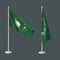 Two flags of the African Union on a neutral background - one waving on a flagpole, the other twisted on the table top.