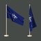 Two flags of NATO on a neutral background - one fluttering on a flagpole, the other twisted tabletop. 3D rendering. Layout.