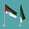 Two flags of Palestine on a neutral background - one waving on a flagpole, the other a twisted tabletop.