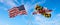 two flags of USA and state of Maryland waving in the wind on flagpoles against sky with clouds on sunny day