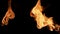 Two flames of fire blaze from different sides of screen in dark. Real bonfire, burner or torch flashes against black