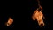 Two flames of fire blaze from different sides of screen in dark. Real bonfire, burner or torch flashes against black