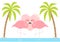Two flamingo standing on one leg. Pink heart. Palms tree, island, ocean, see water. Exotic tropical bird. Zoo animal collection. C