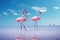 Two flamingos standing in the water at Salar de Uyuni, Bolivia, Group birds of pink african flamingos walking around the blue