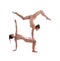 Two flexible girls gymnasts in beige leotards are performing exercises upside down using support and posing isolated on