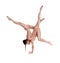 Two flexible girls gymnasts in beige leotards are performing exercises upside down using support and posing isolated on