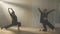 Two flexible graceful slim ballet dancers rehearsing in backlit fog in studio indoors. Charming Caucasian ballerinas in