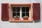 Two flower pots on the old window with wooden shutters on white wall