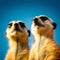 Two fluffy brown funny meerkats look into the distance against the blue sky