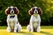 Two fluffy floppy eared spaniels sitting side by side on a sunny hill generated by ai