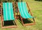 Two folding deck chairs in garden.