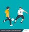 Two football opponents from different teams are fighting for the ball. Soccer players are fighting for the ball. Colorful vector