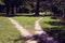 Two footpaths disperse in different directions and a lone cyclist on one of them drives away