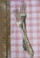 Two forks lie on a pink napkin. The composition stands on a wooden old background