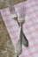 Two forks are on the tablecloth on background