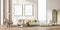 Two framed mockup posters in villa living room design interior, beige furniture on bright wall, wood floor, folding screen.
