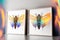 two framed pictures of a bee and a bee on a wall with a rainbow background and a white background with a blue, yellow, gree