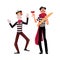 Two French mimes in traditional costumes, wine and baguette