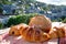 Two fresh baked butter croissants and whitre wheat farmers breasd from French bakery