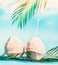 Two fresh coconut cocktails with tropical leaves at blue sky background with hanging palm leaves and sunshine. Tropical vacation.