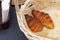 Two fresh croissants in a wicker basket. French croissants