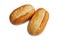 Two fresh crusty mini baguettes isolated on white bacground. Small baguette rolls. Food and breakfast background.Worldwide hunger.