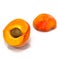 Two fresh slices of apricot isolated on white. One slice with core. 3D Illustration