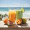 Two freshly squeezed juices on a table on the beach 4