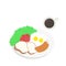 Two fried egg, slice bread, sausage, red tomato and green lettuce on white dish and white cup of coffee, copy space for your text