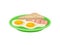 Two fried eggs, slice of bacon and toast bread on green plate. Tasty food. Appetizing breakfast. Flat vector design